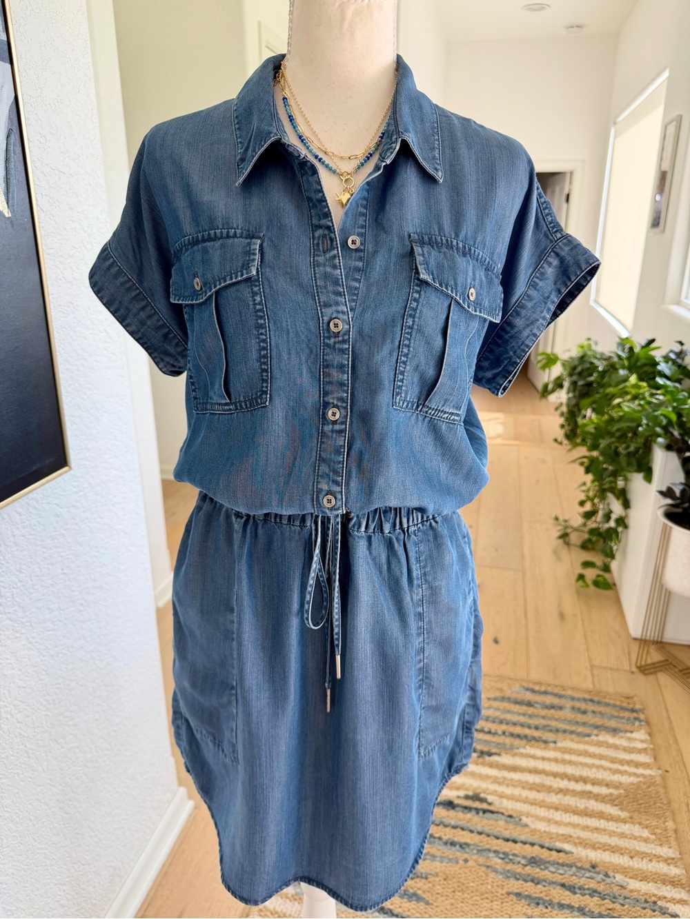 DKNY Blue Denim ShirtDress with Drawstring Waist Size XS Summer Dress